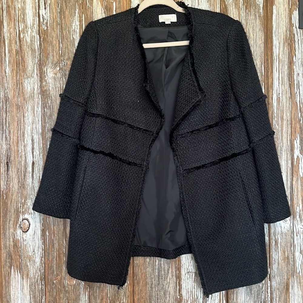 EUC ANN TAYLOR LOFT TWEED DRAPED FRINGE JACKET BLAZER, size medium - Picture 2 of 6